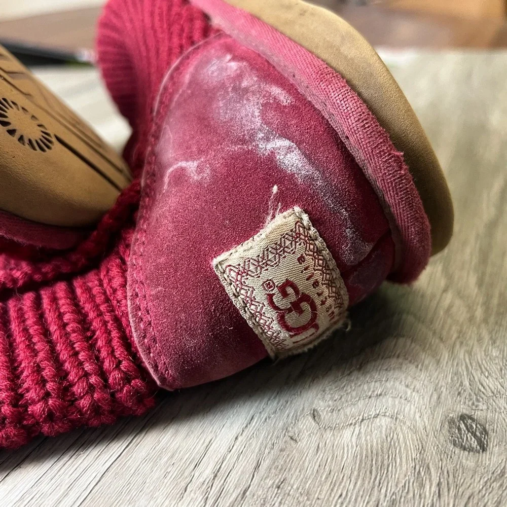 UGG Lattice Cardy Boots Womens 8 Burgundy Red Knit‎ 3-Button Tall 5819